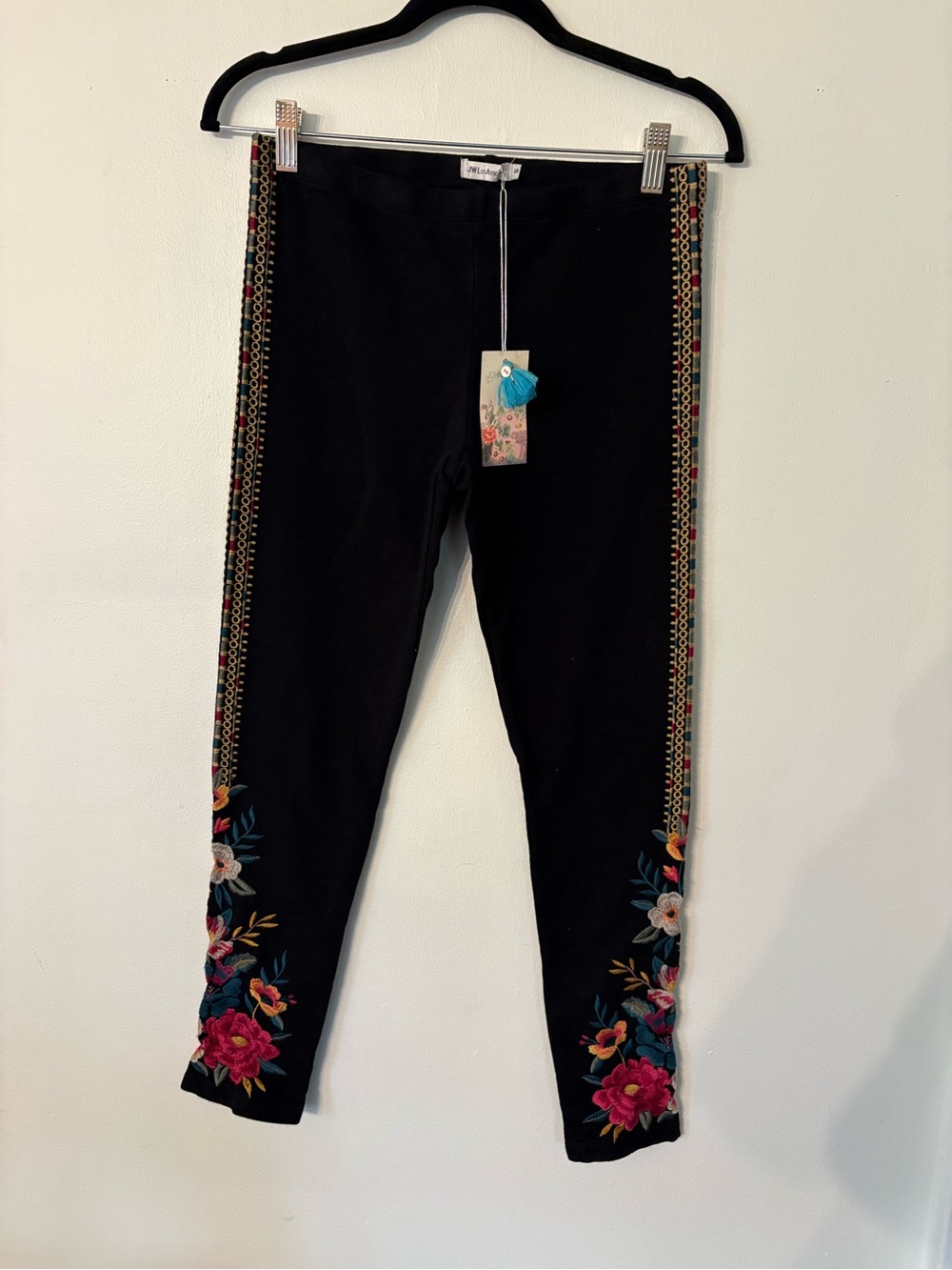 Johnny Was Black Leggings with Multicolor Floral Embroidery